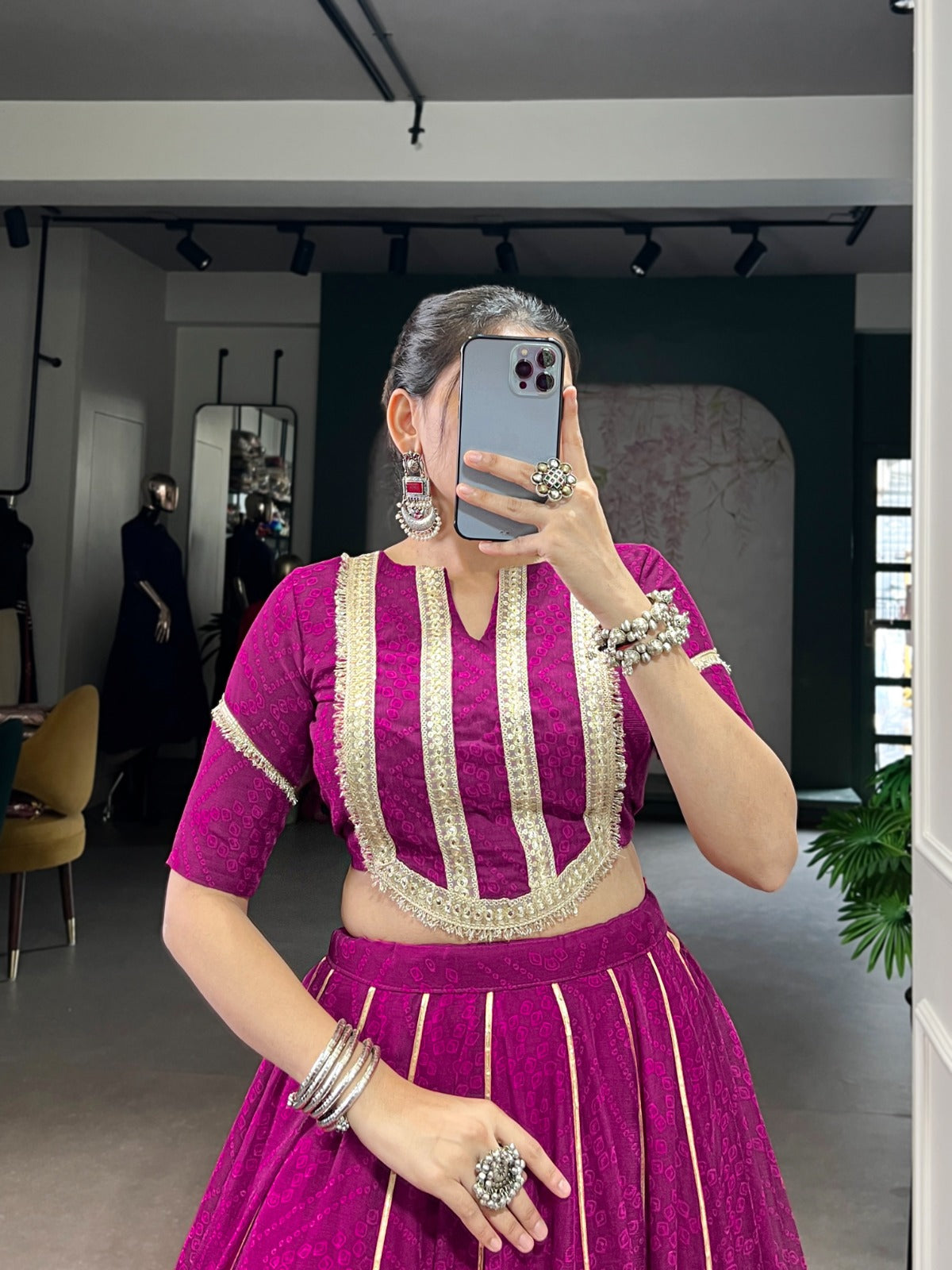 Magenta Stitched Lehenga with Golden Embroidery Work 40% Off