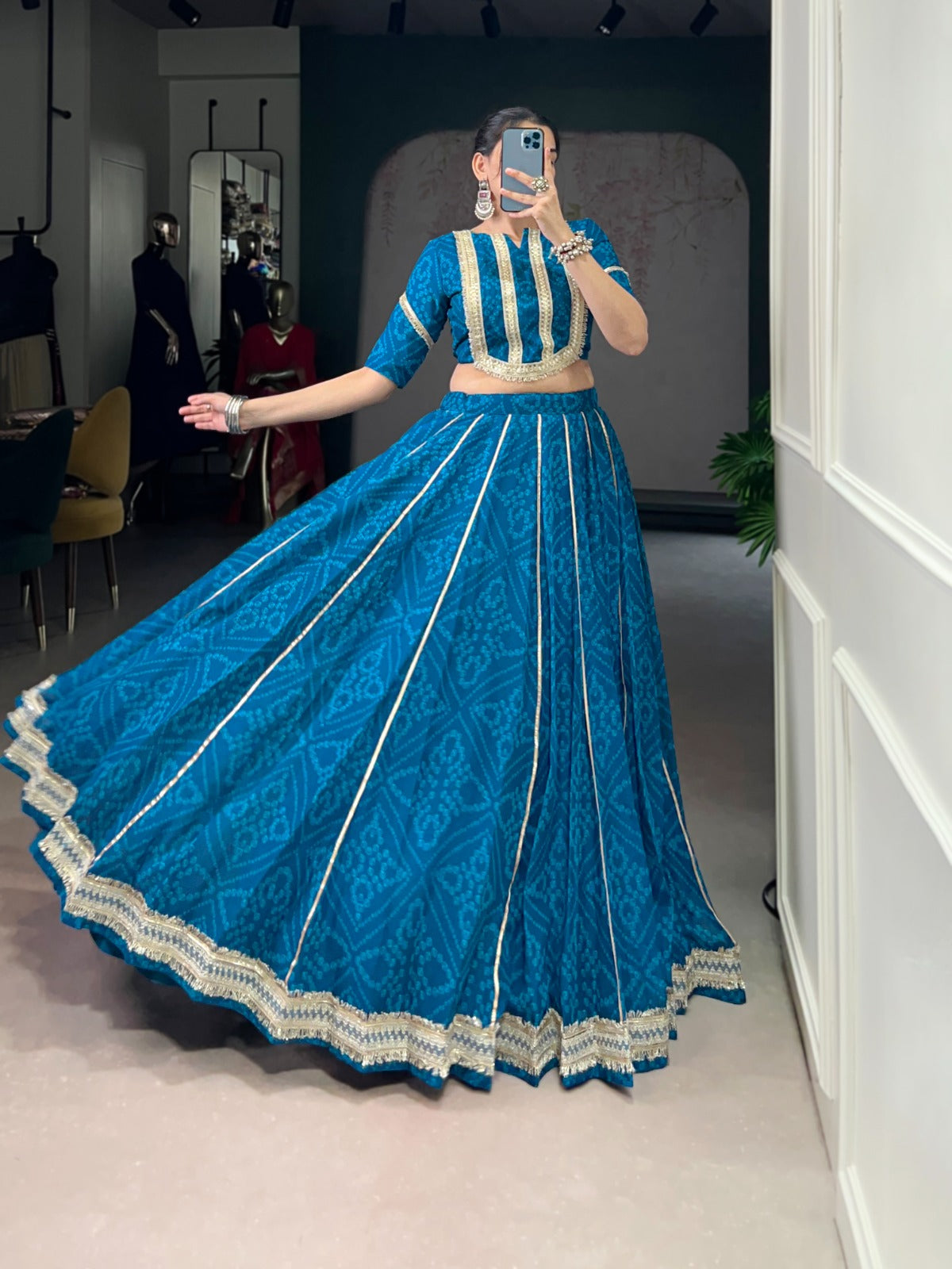 Royal Blue Stitched Lehenga with Traditional Golden Border with 40%off