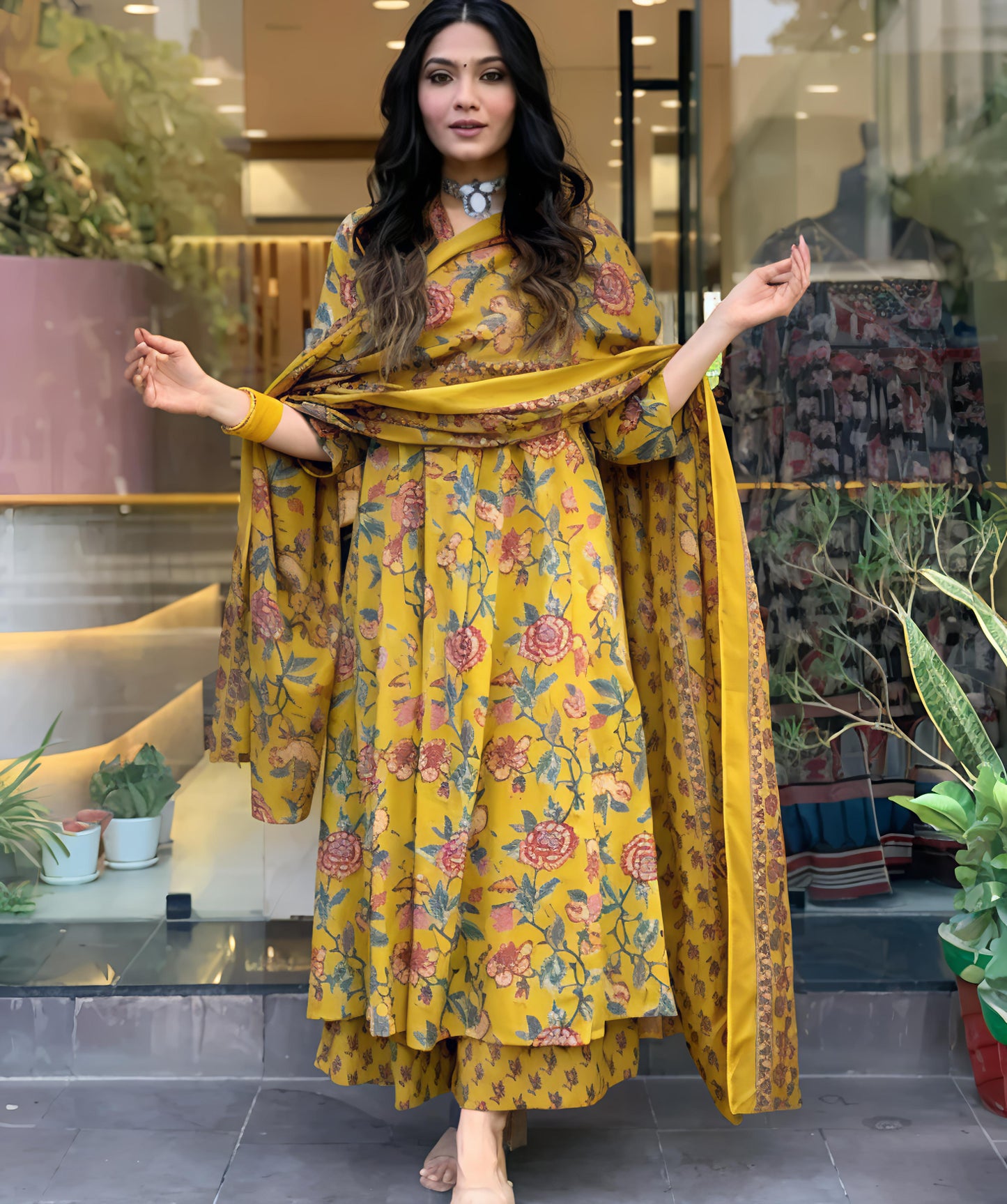 Golden Blossom Anarkali Set