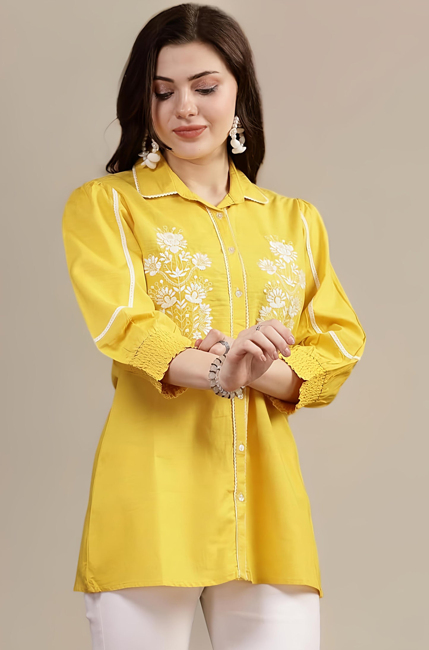 Yellow Floral Embroidered Puff Sleeve Cotton Linen Shirt Style Top for Women