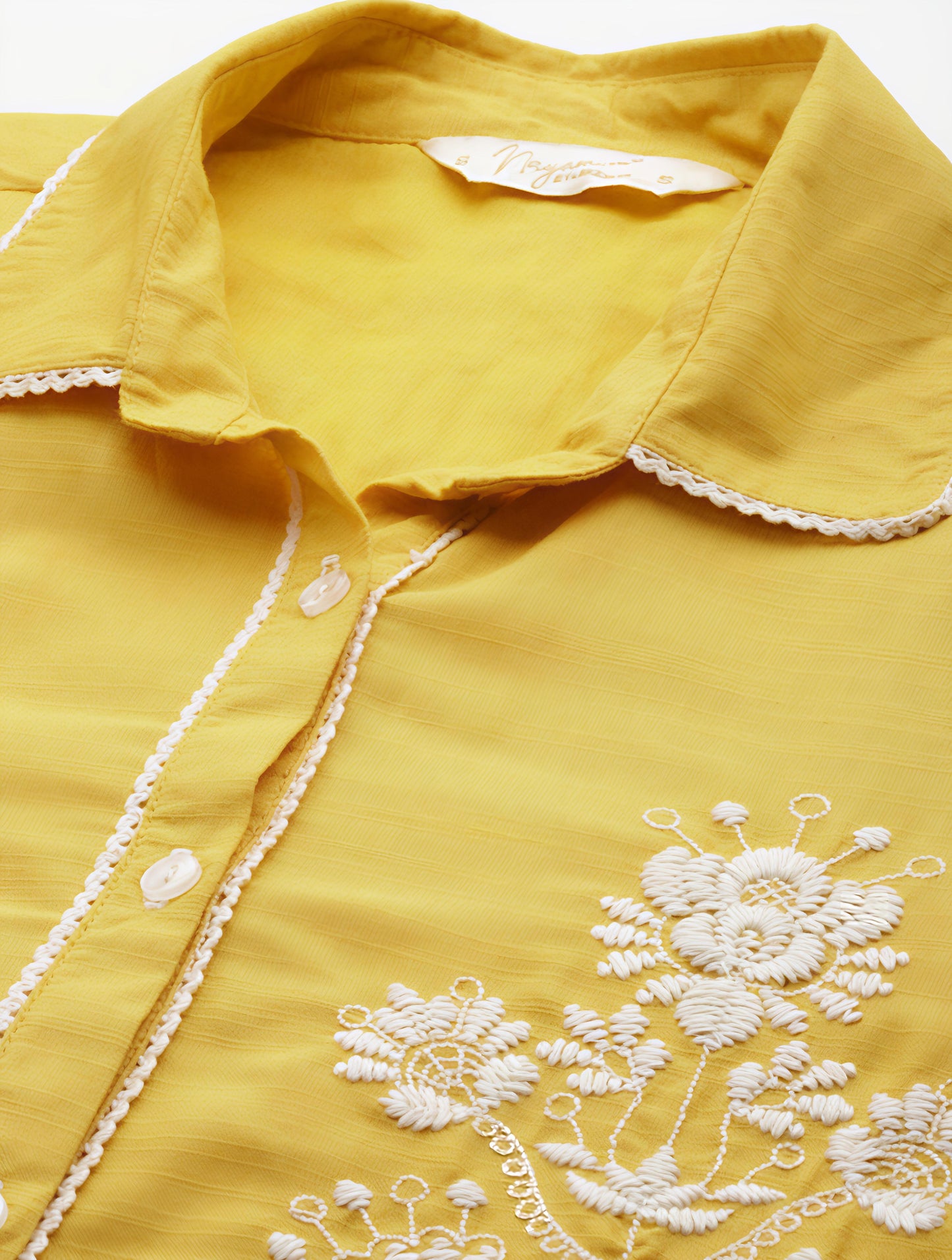 Yellow Floral Embroidered Puff Sleeve Cotton Linen Shirt Style Top for Women