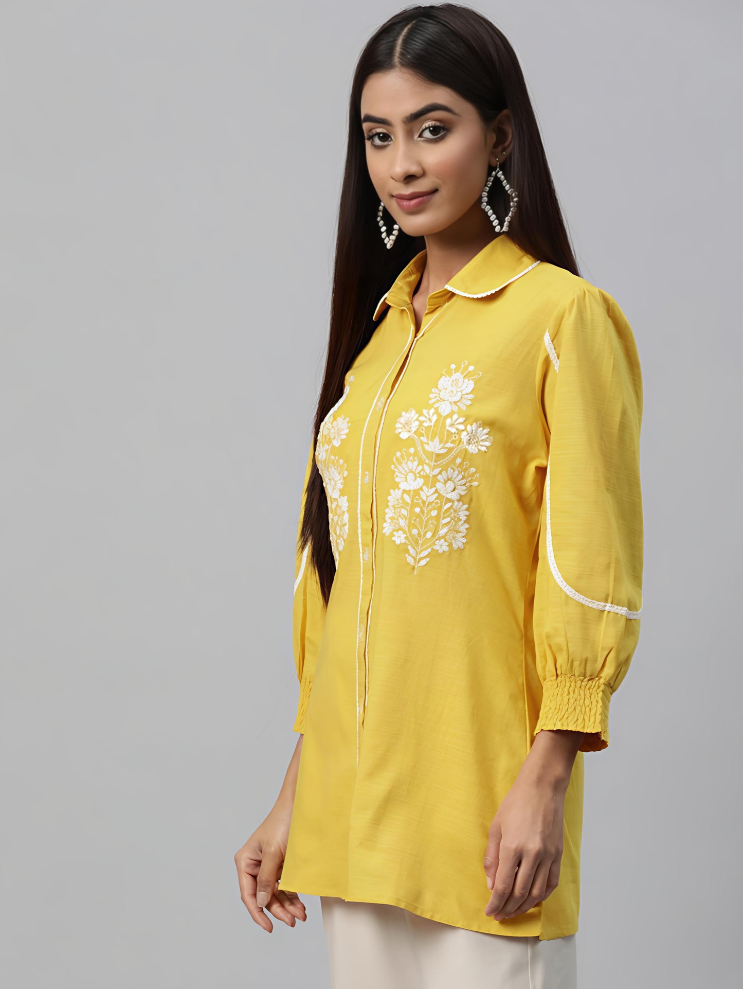 Yellow Floral Embroidered Puff Sleeve Cotton Linen Shirt Style Top for Women