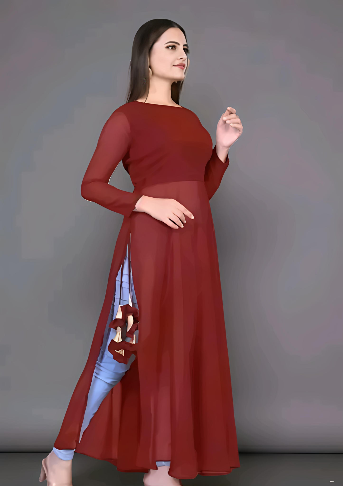 Women Embellished Georgette A-line Red Kurti