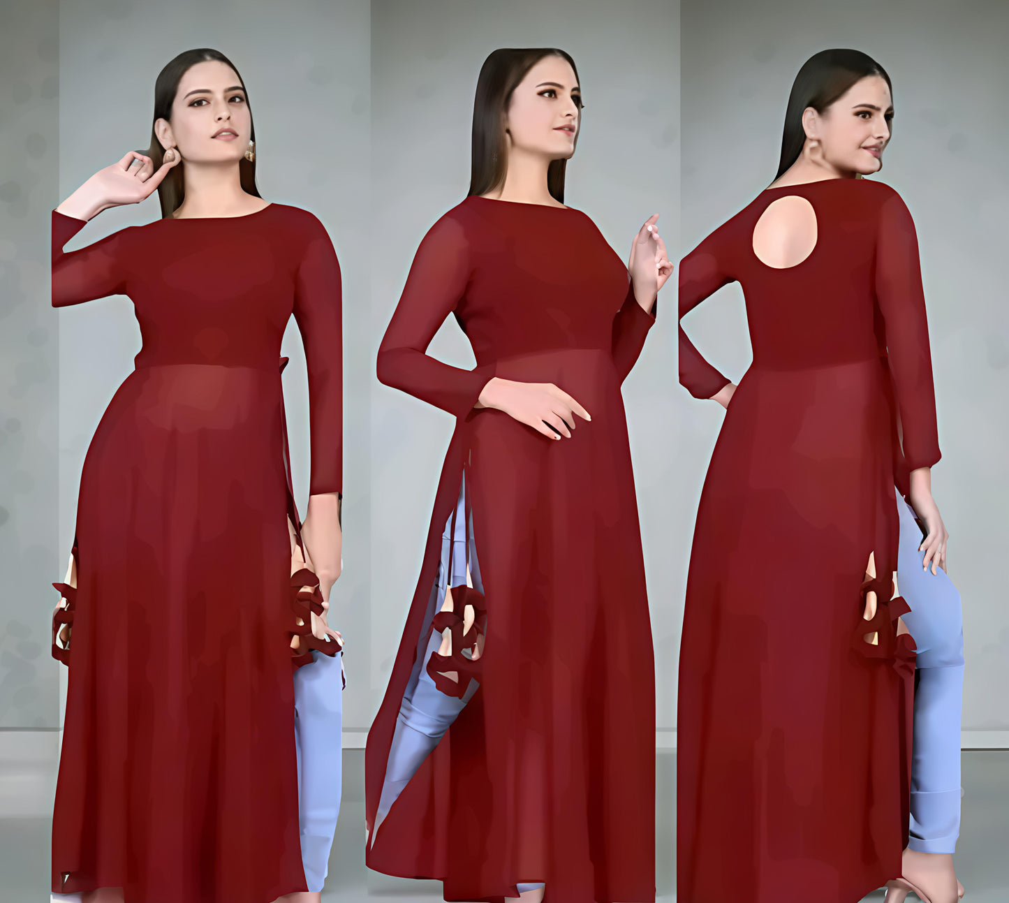 Women Embellished Georgette A-line Red Kurti