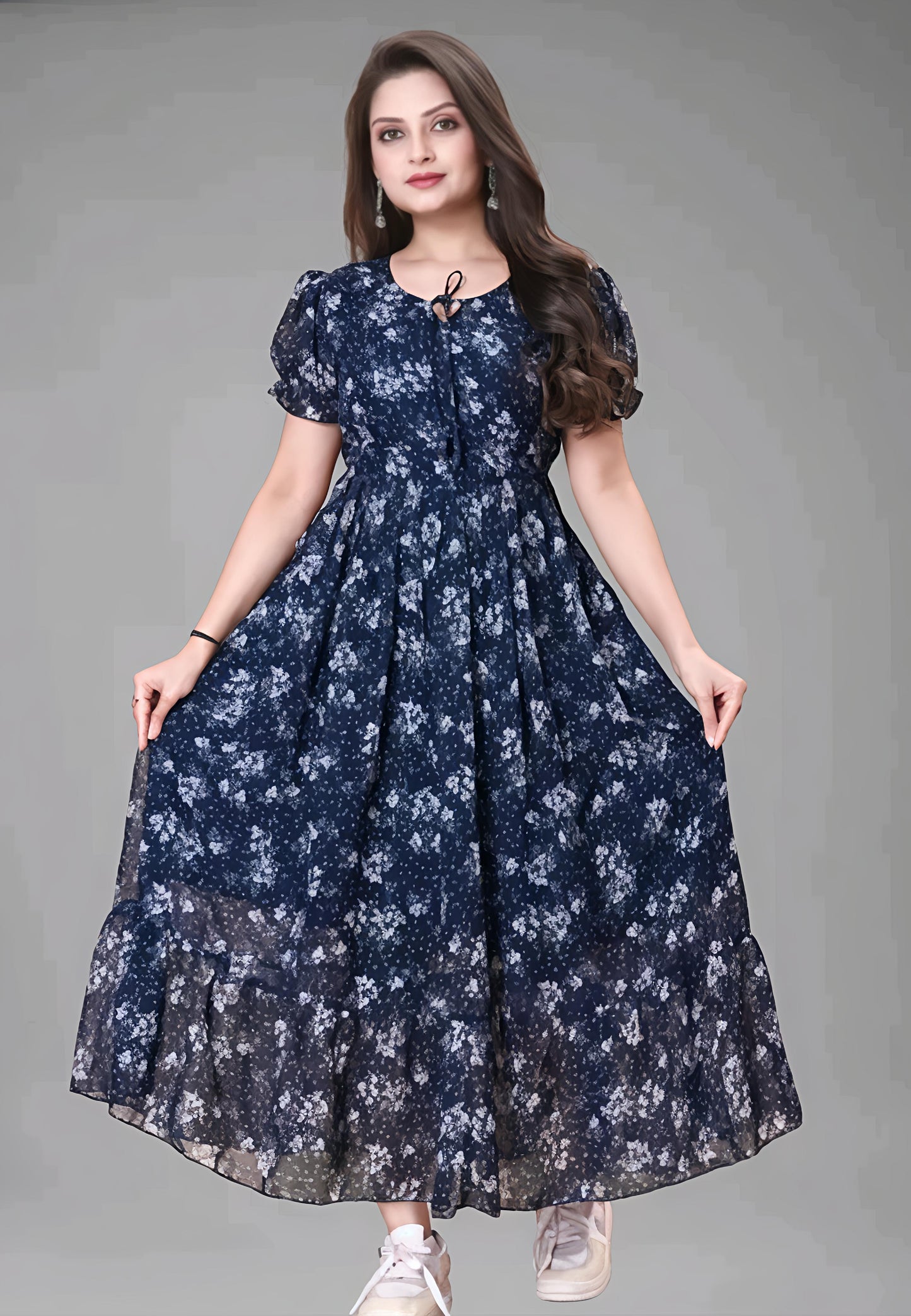 Navy Blue Floral Printed Maxi Dress for Women