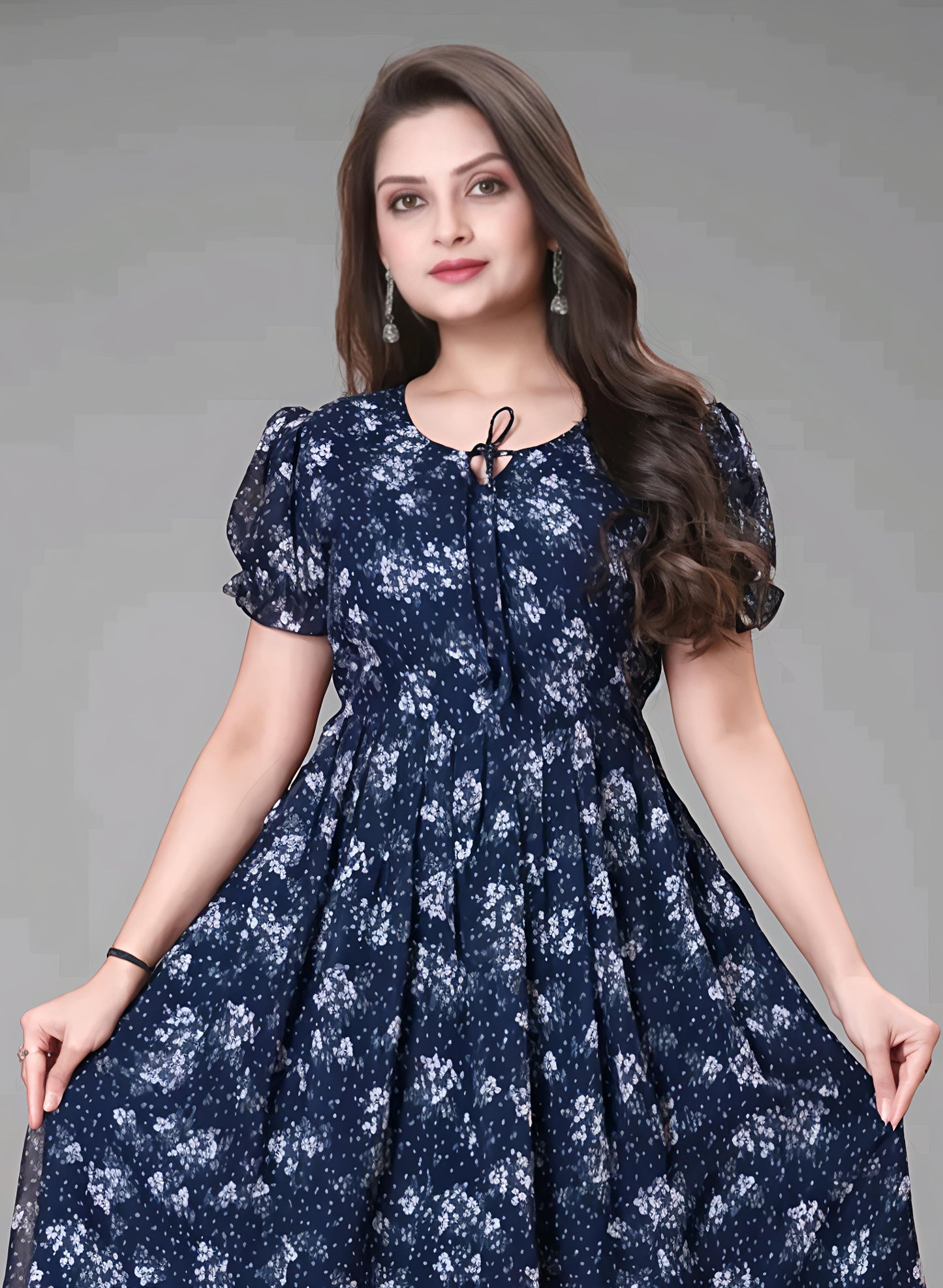 Navy Blue Floral Printed Maxi Dress for Women