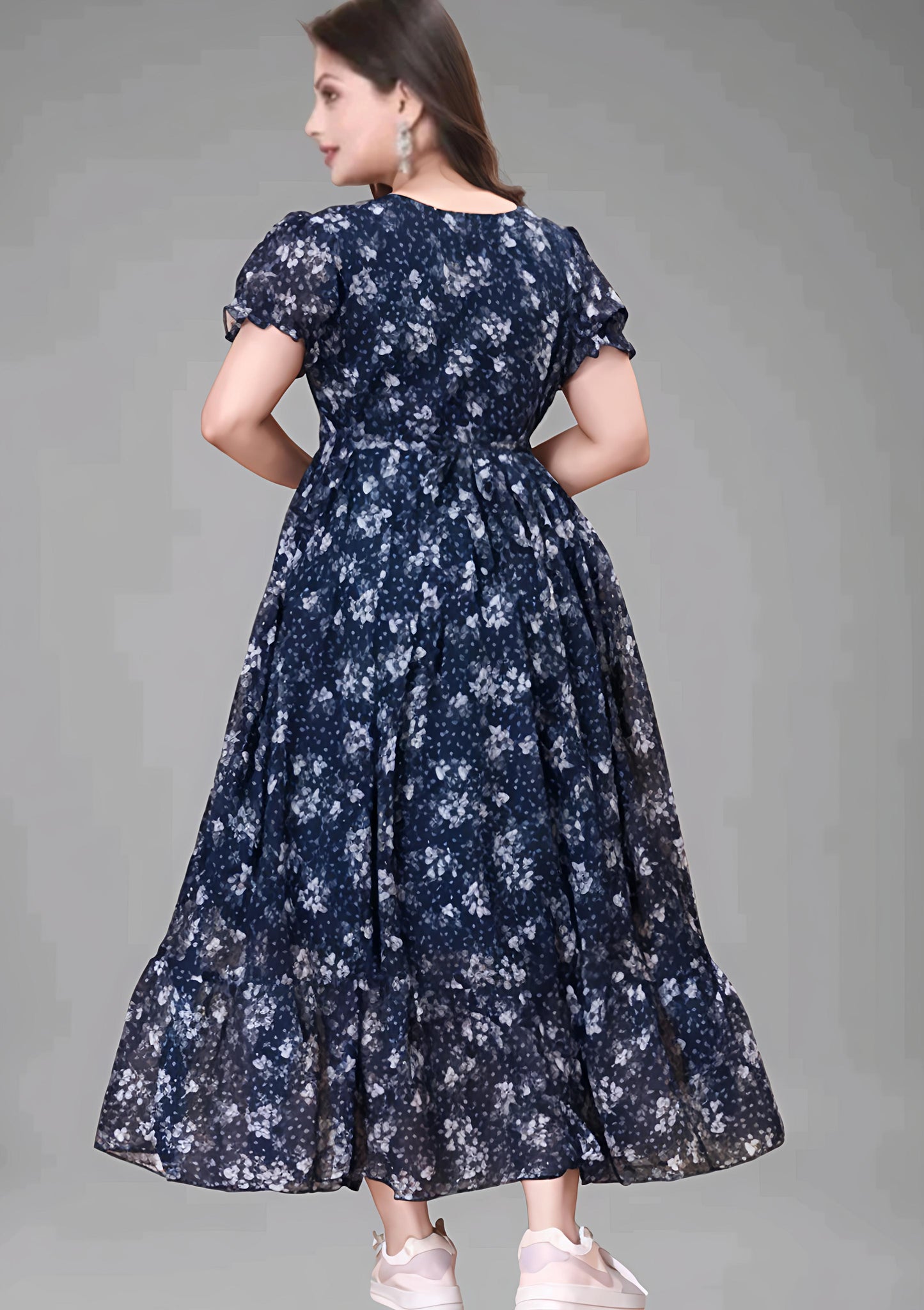 Navy Blue Floral Printed Maxi Dress for Women
