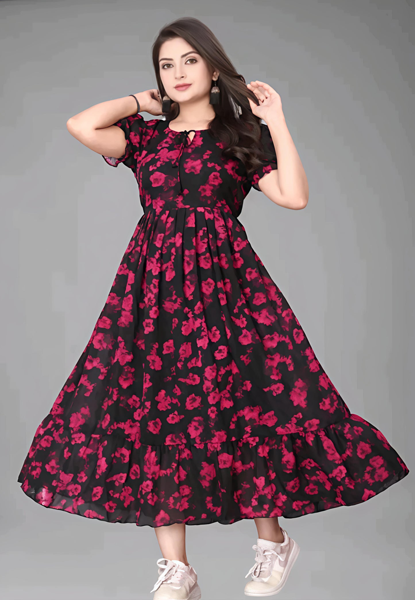 Black Maxi Dress with Pink Floral Print for Women" πΊπ€