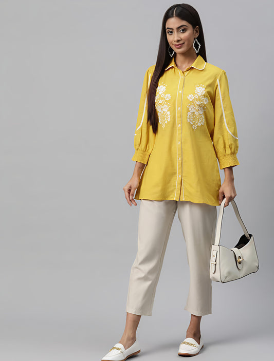 Yellow Floral Embroidered Puff Sleeve Cotton Linen Shirt Style Top for Women