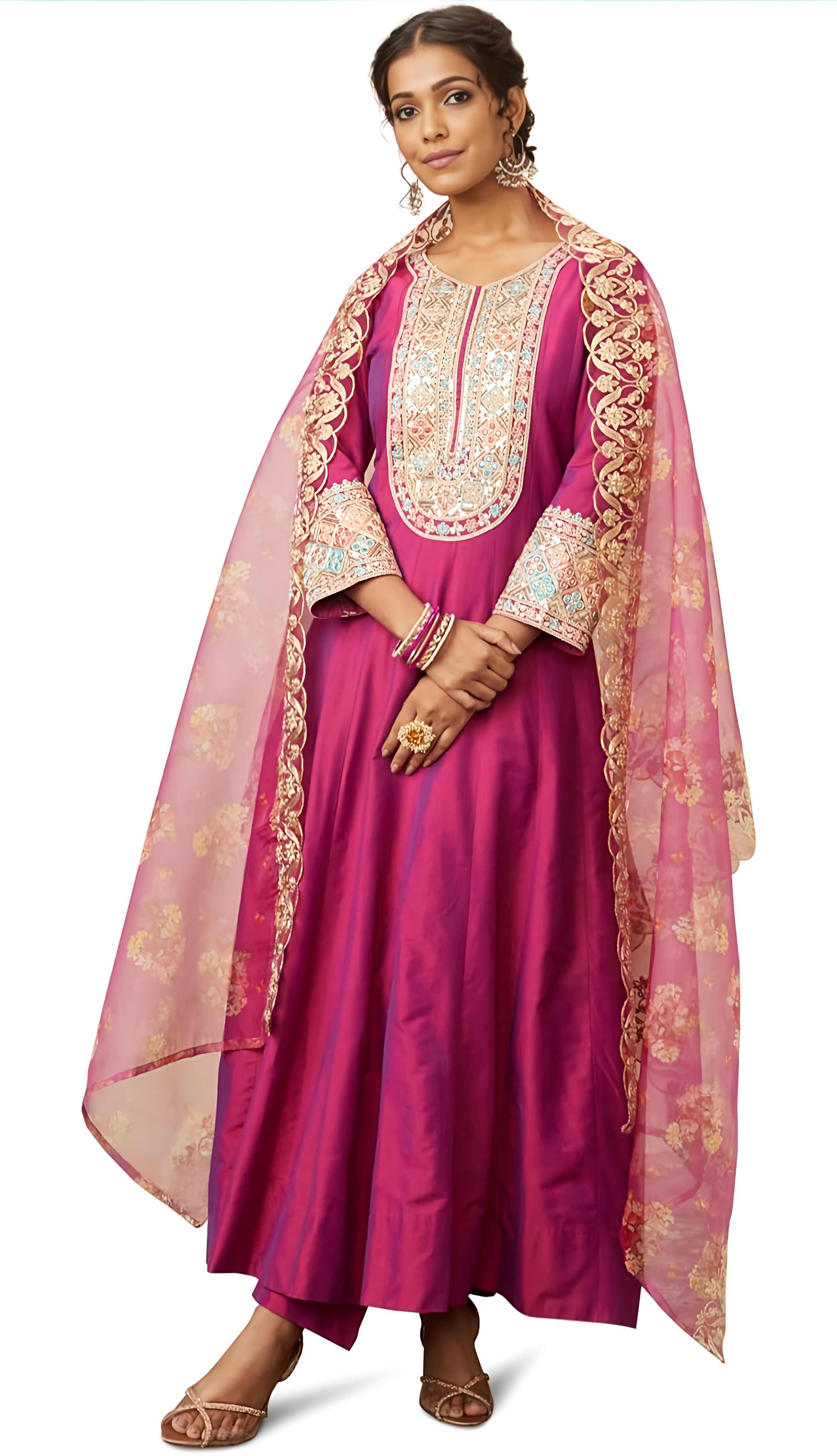 Elegant Pink Anarkali Kurta Set with Embroidered Dupatta