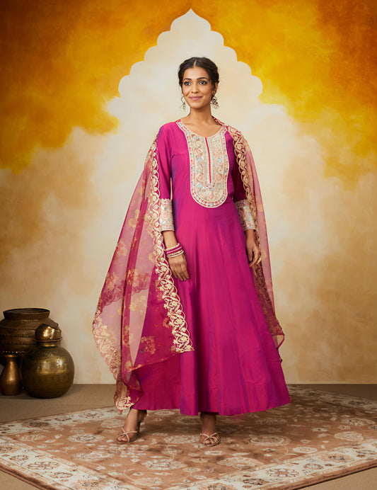 Elegant Pink Anarkali Kurta Set with Embroidered Dupatta