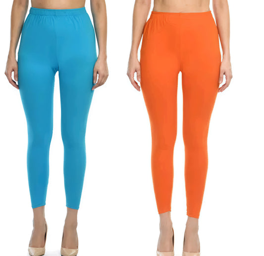 Trendoz Elegant Women Solid Cotton Lycra Super Quality Ankle Length Leggings Firozi, Orange Pack of 2