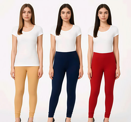 Full Length churidar Stretchable Leggings Combo (Beige, Navy Blue &amp; Maroon) – Pack of 3