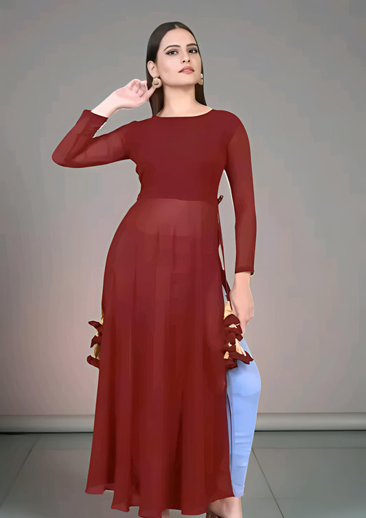 Women Embellished Georgette A-line Red Kurti