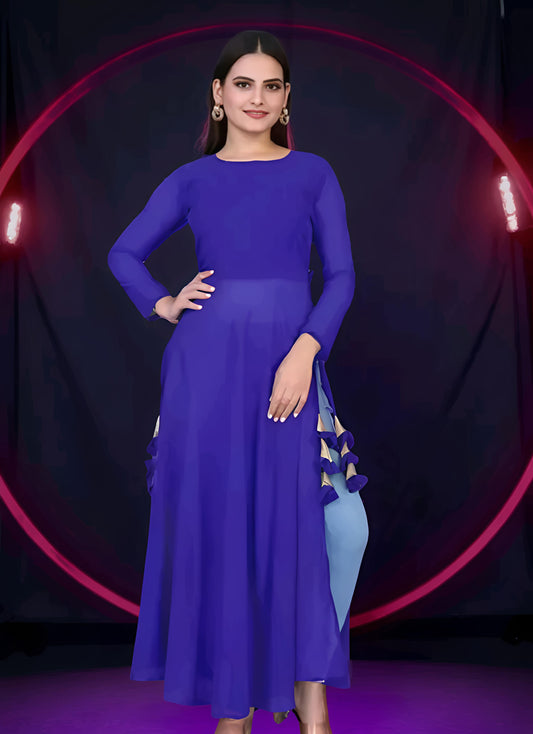 Women Embellished Georgette A-line Blue Kurti
