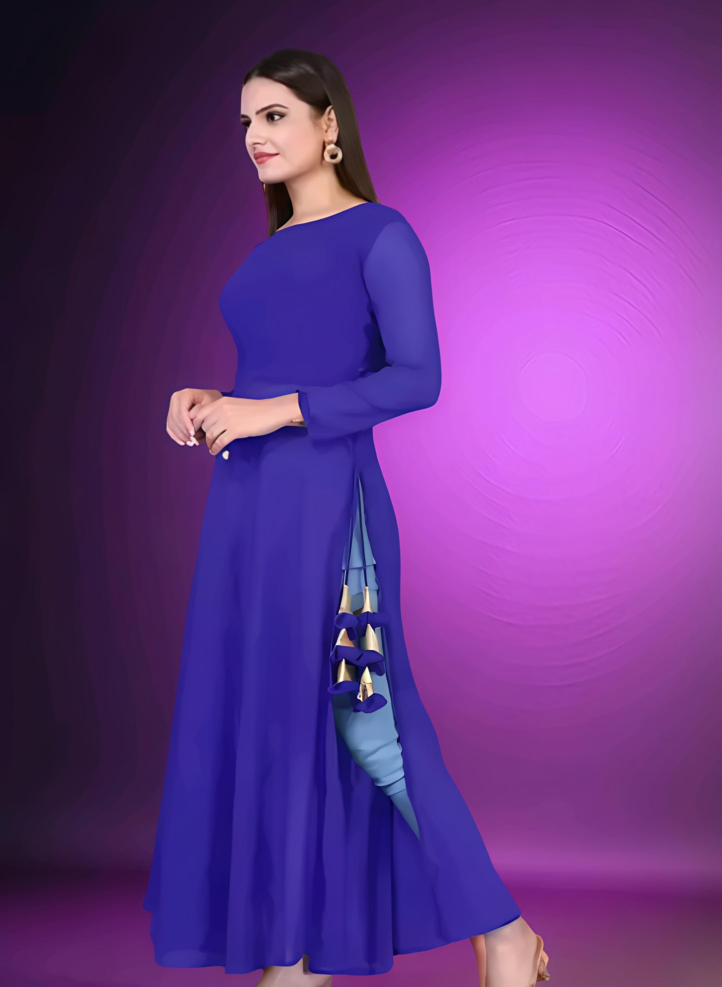 Women Embellished Georgette A-line Blue Kurti