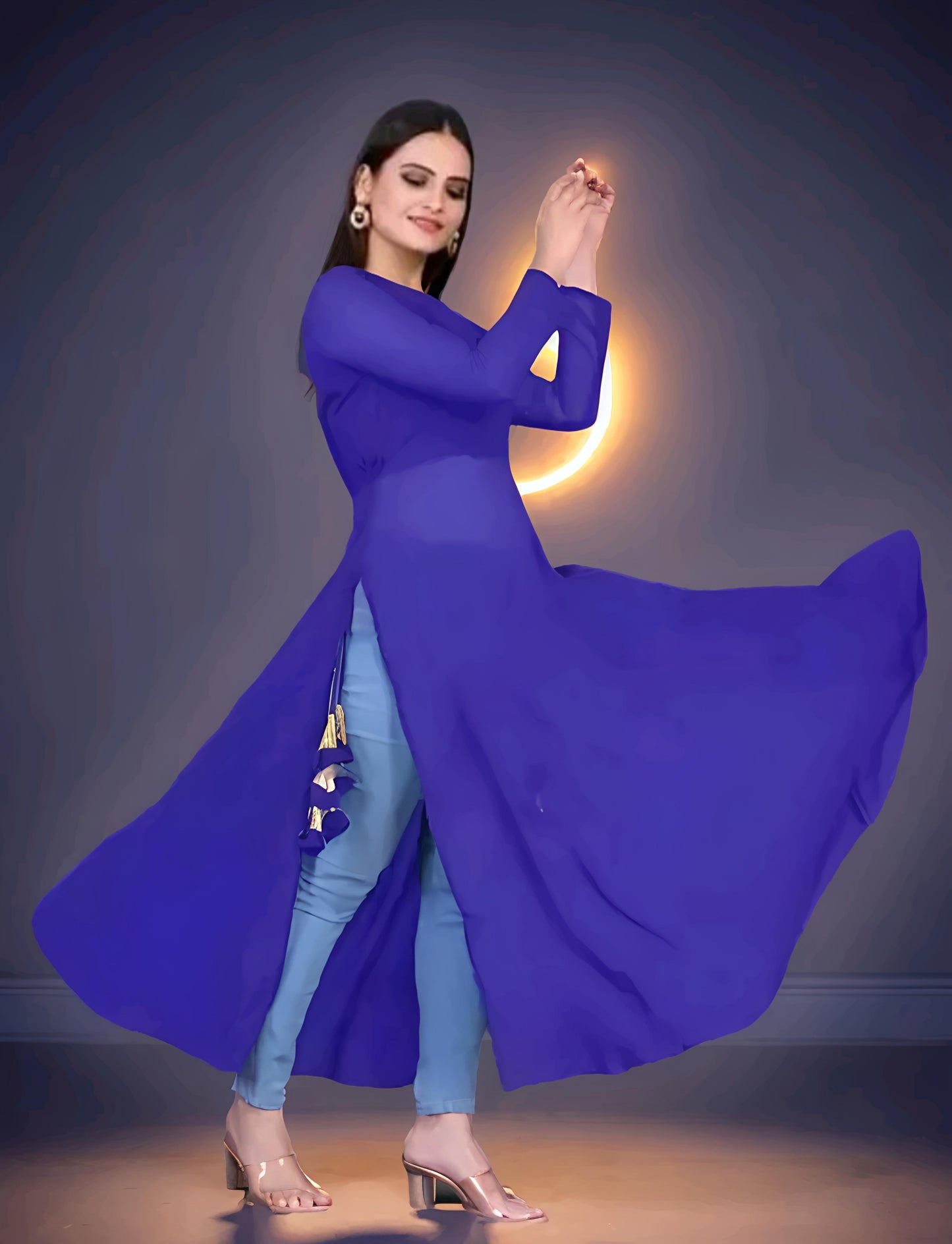 Women Embellished Georgette A-line Blue Kurti