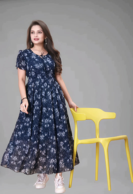 Navy Blue Floral Printed Maxi Dress for Women
