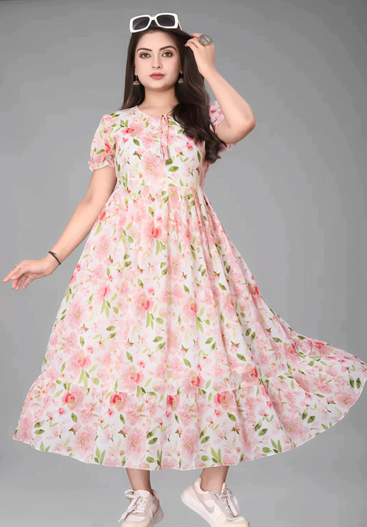Light Pink Floral Print Maxi Dress for Women