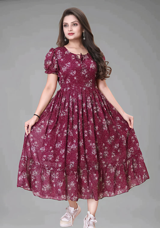 Wine Red Floral Printed Maxi Dress for Women" 🍷✨