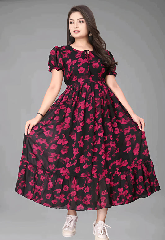 Black Maxi Dress with Pink Floral Print for Women" 🌺🖤